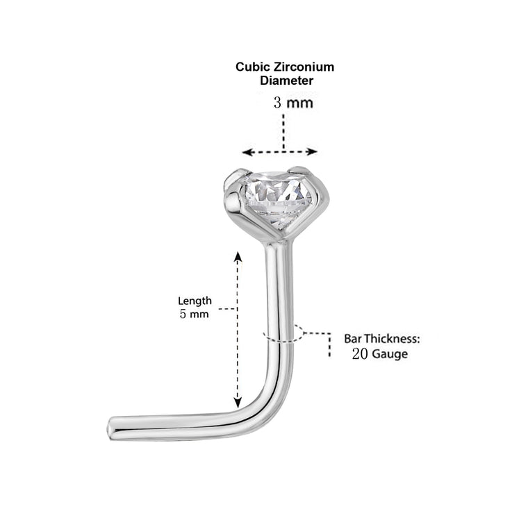 14K L-Shaped Cubic Zirconia Nose Ring - 20G