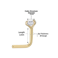 14K L-Shaped Cubic Zirconia Nose Ring - 20G