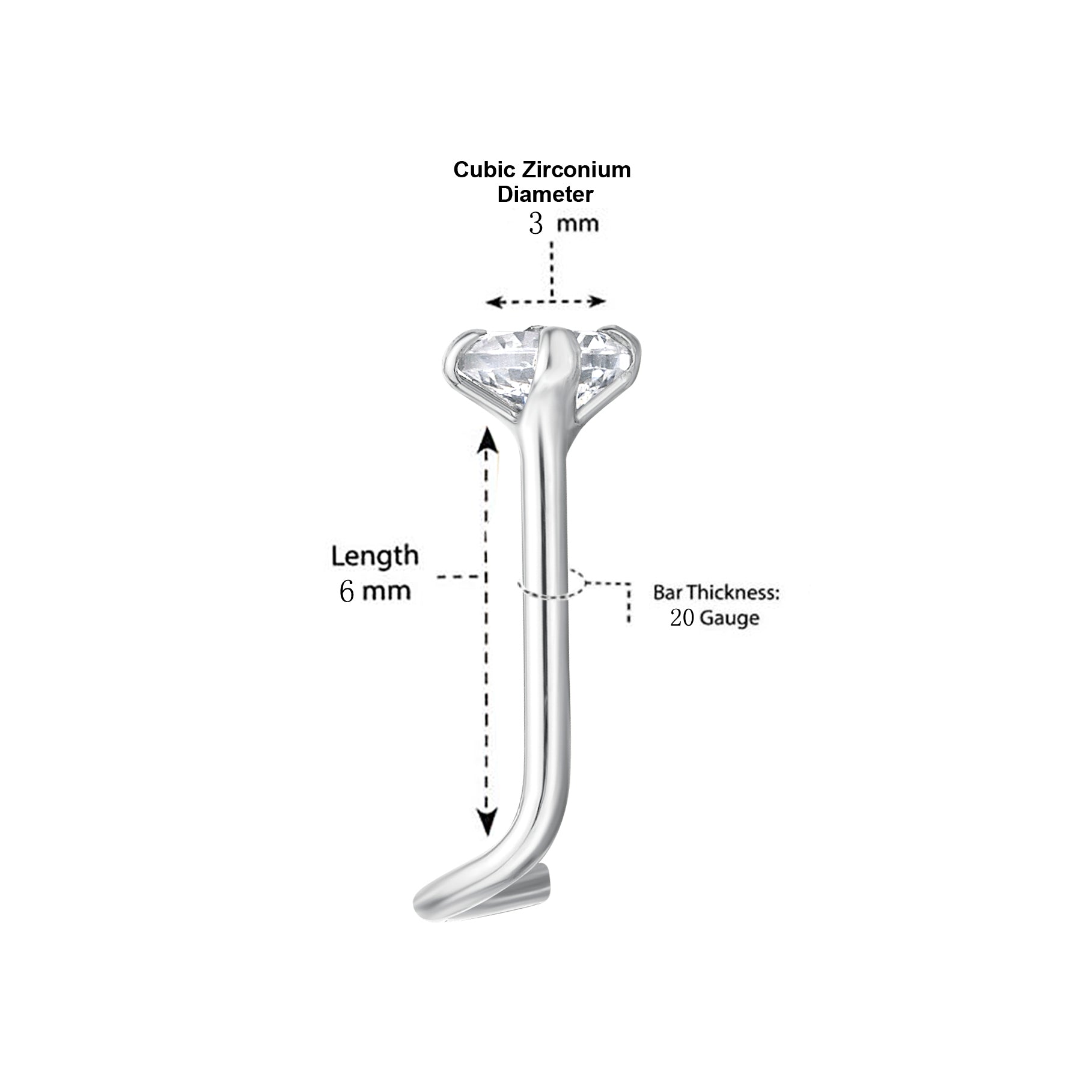 14K Screw Cubic Zirconia Nose Ring - 20G