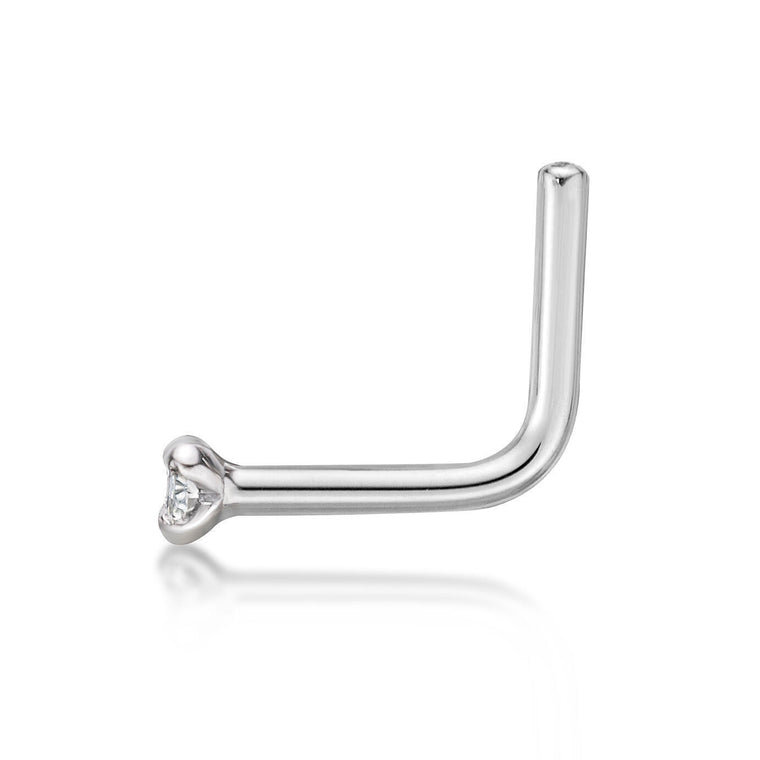 14K Gold L-Shaped Diamond Nose Ring - 20G