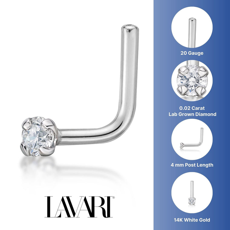 14K Gold L-Shaped Diamond Nose Ring - 20G