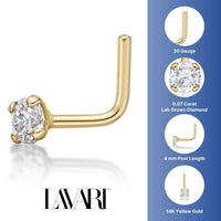 14K Gold L-Shaped Diamond Nose Ring - 20G
