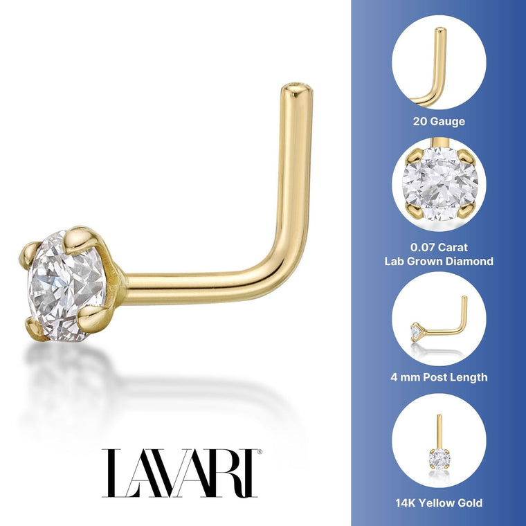 14K Gold L-Shaped Diamond Nose Ring - 20G