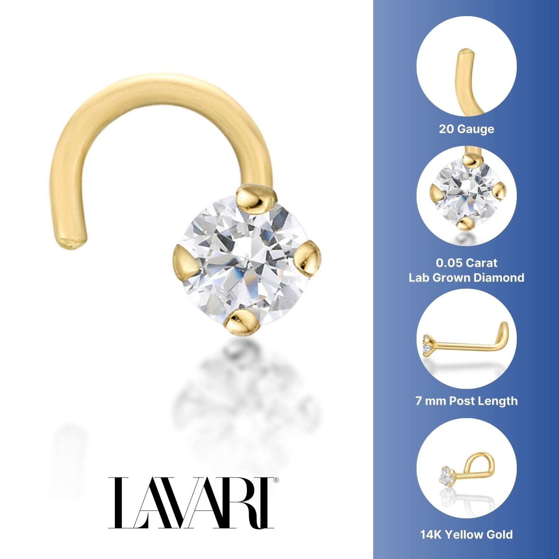 14K Gold Screw Diamond Nose Ring - 20G