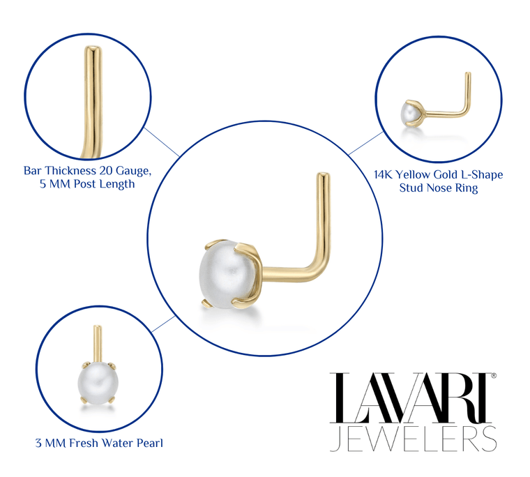 14K L-Shaped Pearl Nose Ring - 20G
