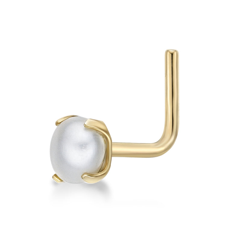 14K L-Shaped Pearl Nose Ring - 20G