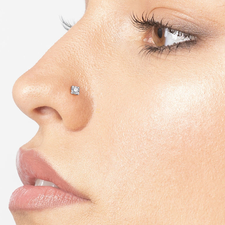 14K Gold L-Shaped Diamond Nose Ring - 20G