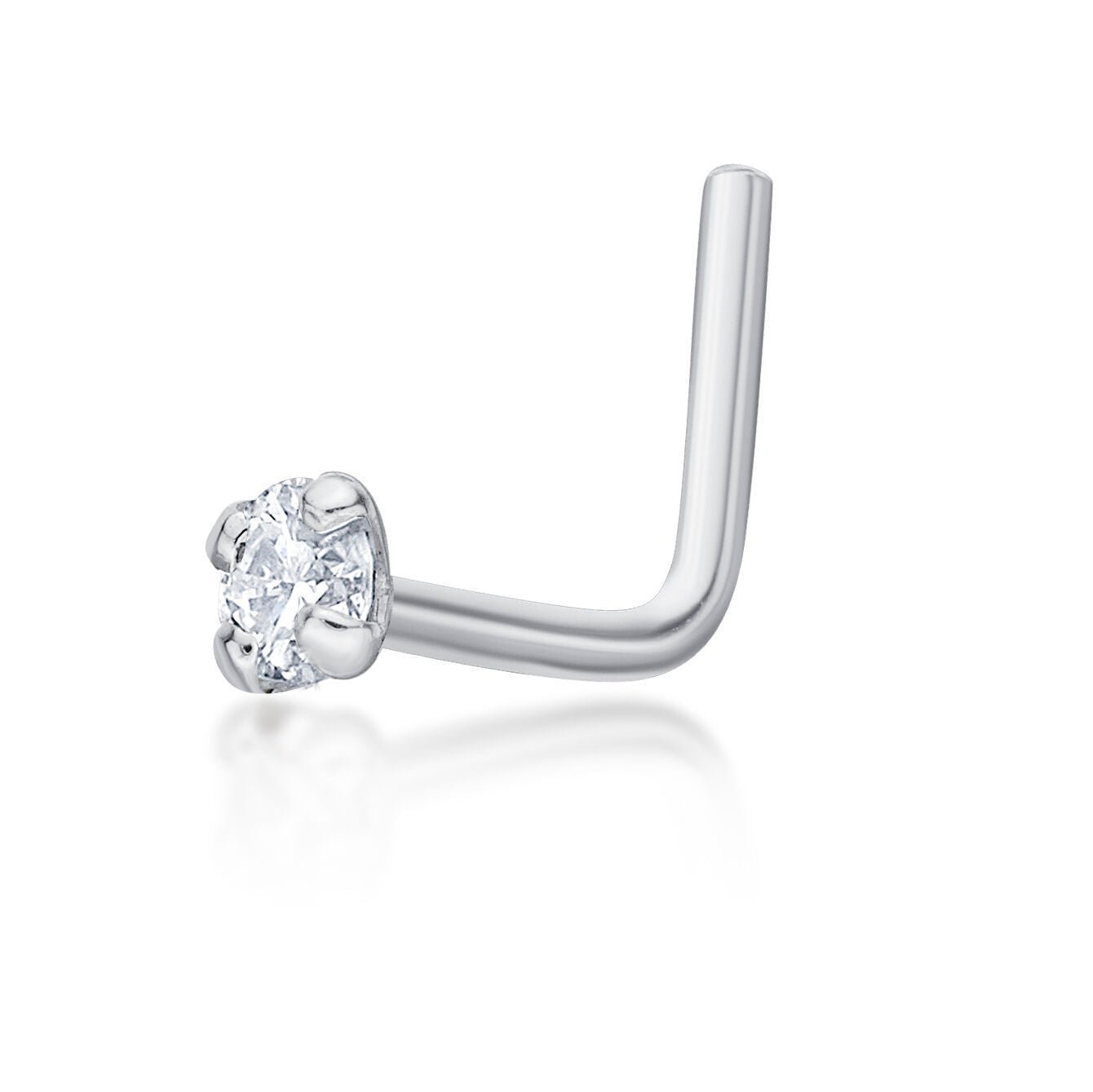 14K Gold L-Shaped Diamond Nose Ring - 20G