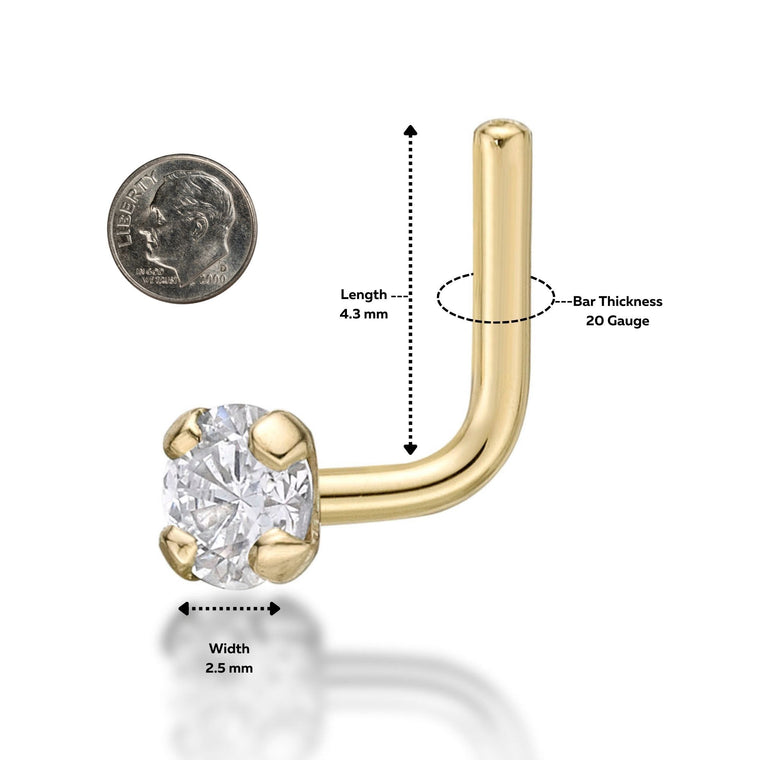 14K Gold L-Shaped Diamond Nose Ring - 20G