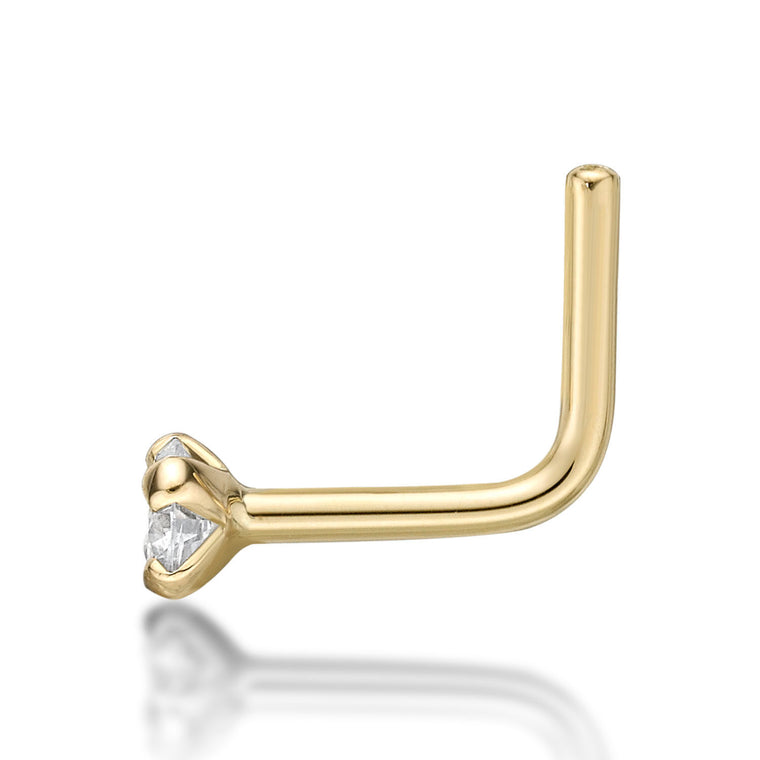 14K Gold L-Shaped Diamond Nose Ring - 20G