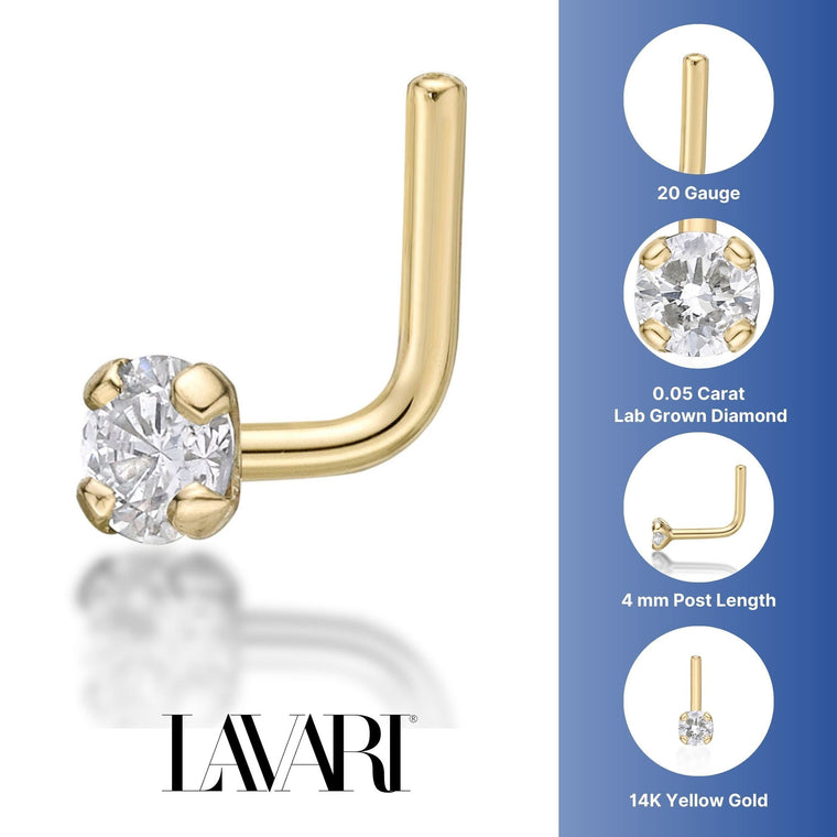 14K Gold L-Shaped Diamond Nose Ring - 20G