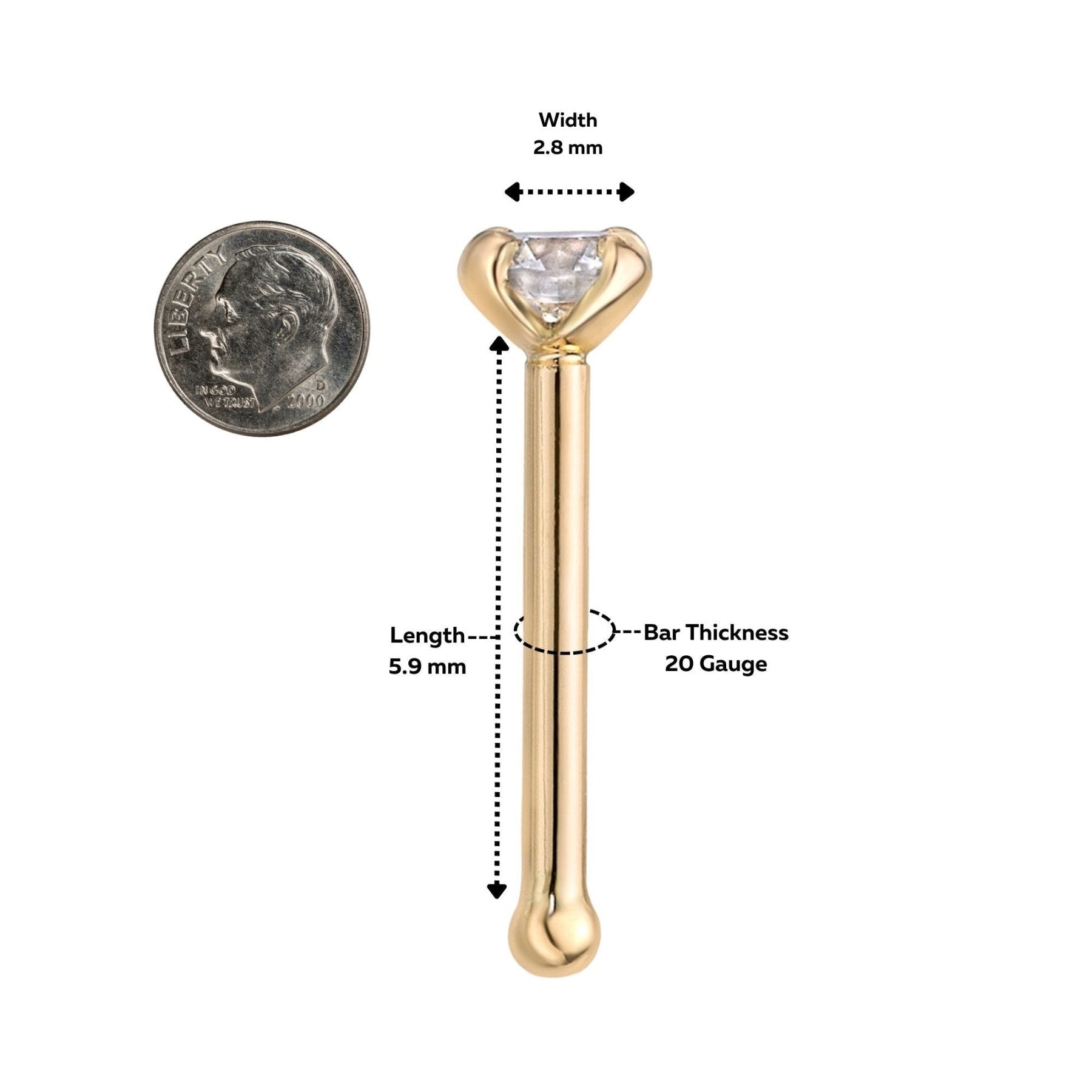 14K Gold Straight Bone Diamond Nose Ring - 20G