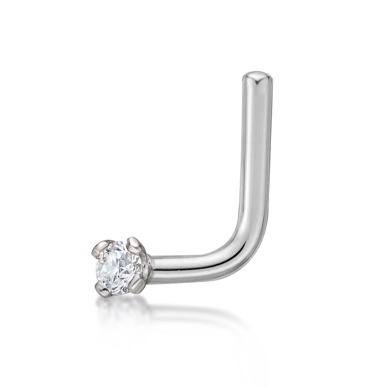 14K Gold L-Shaped Diamond Nose Ring - 20G