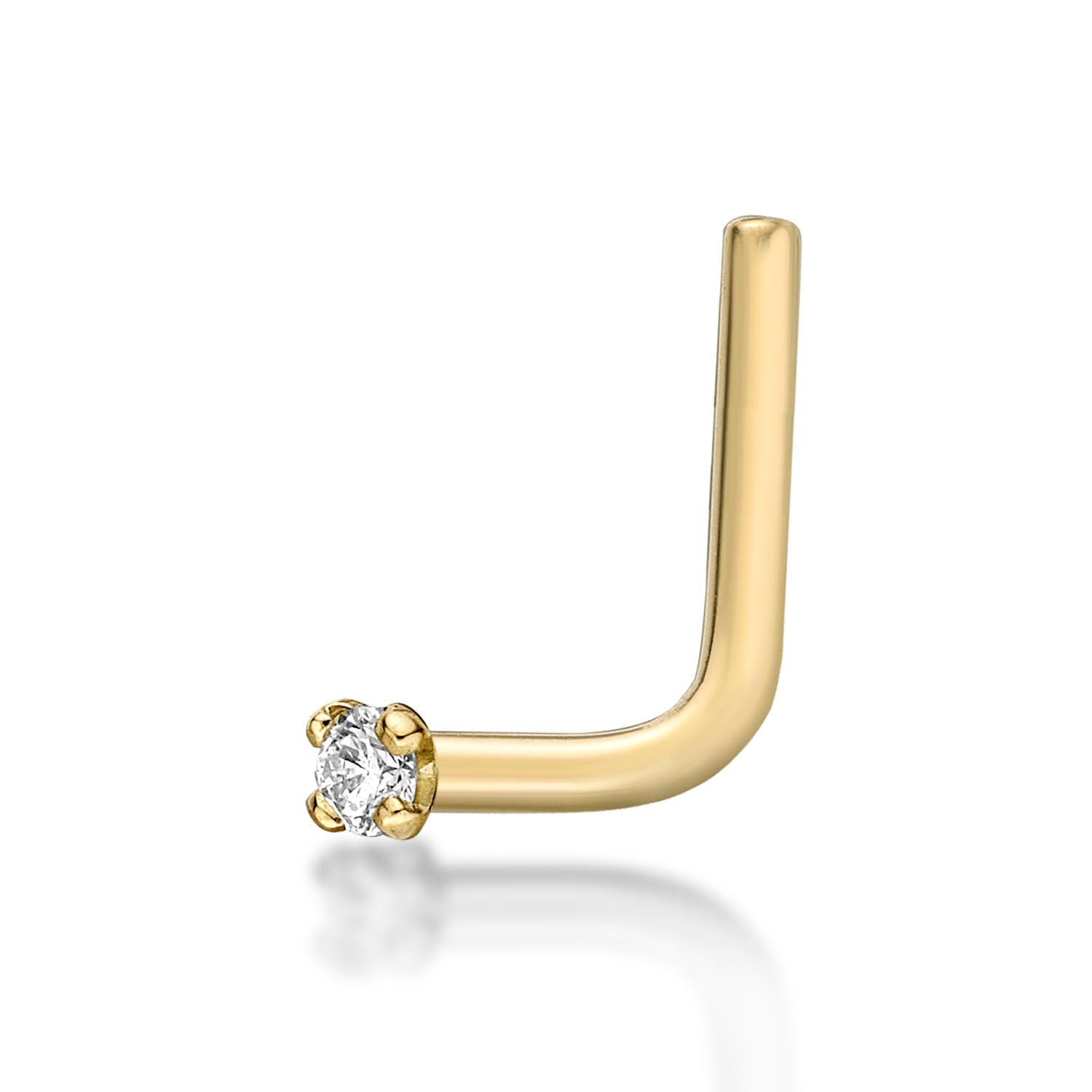 14K Gold L-Shaped Diamond Nose Ring - 20G