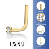14K Gold L-Shaped Diamond Nose Ring - 20G