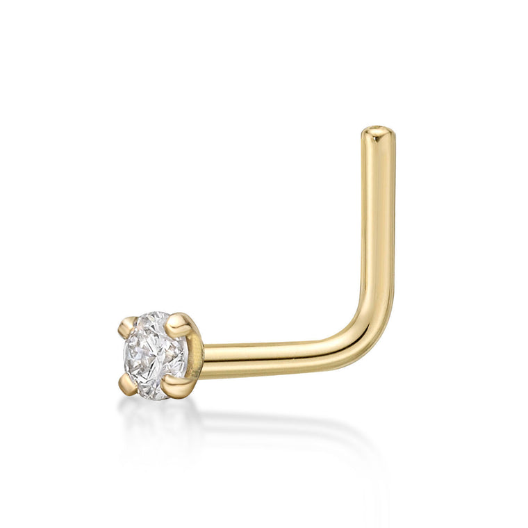 14K Gold L-Shaped Diamond Nose Ring - 20G