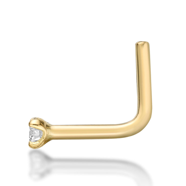 14K Gold L-Shaped Diamond Nose Ring - 20G
