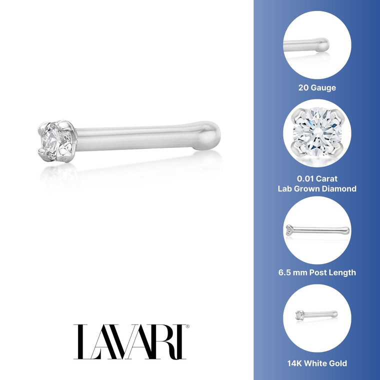 14K Gold Straight Bone Diamond Nose Ring - 20G