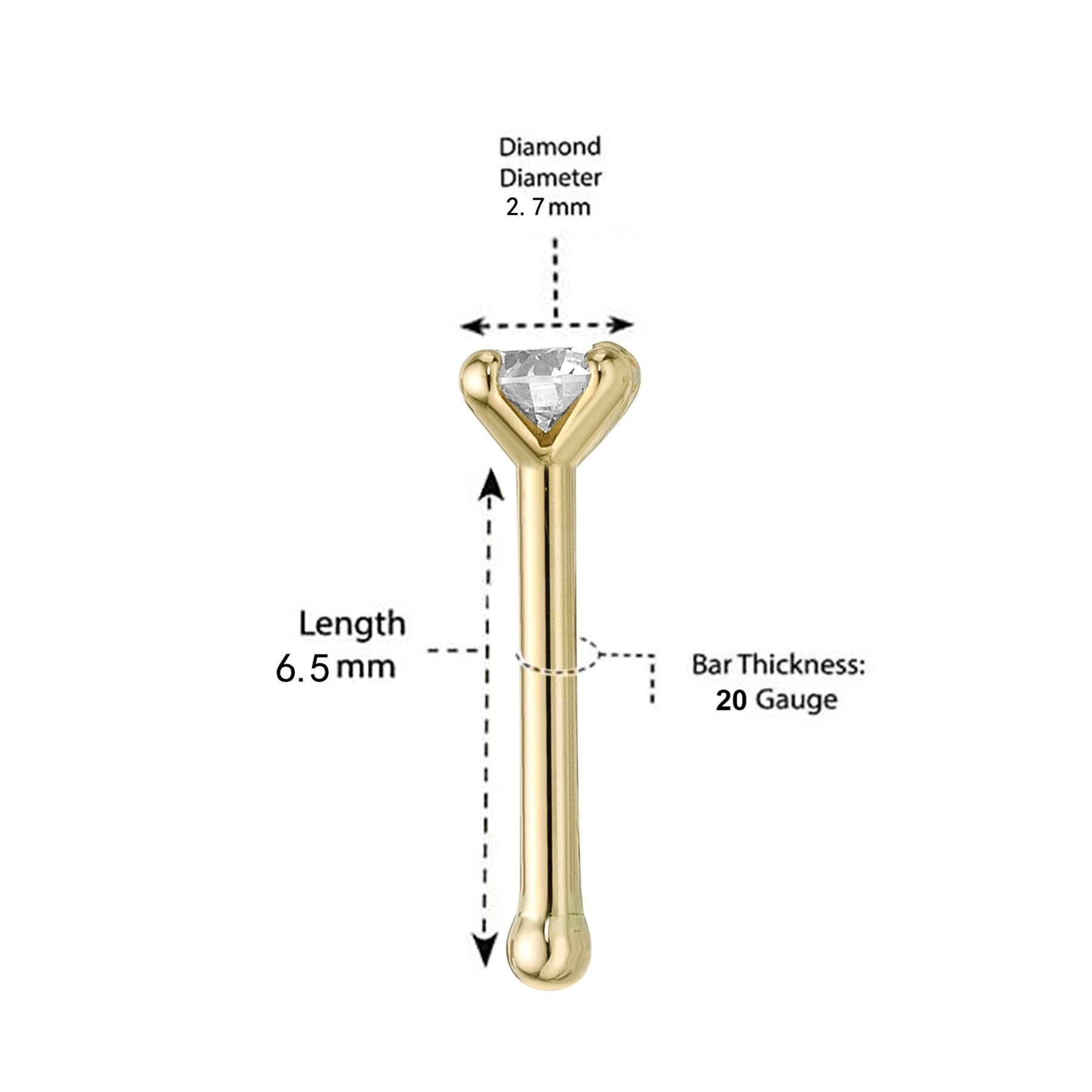 14K Gold Straight Bone Diamond Nose Stud - 22G