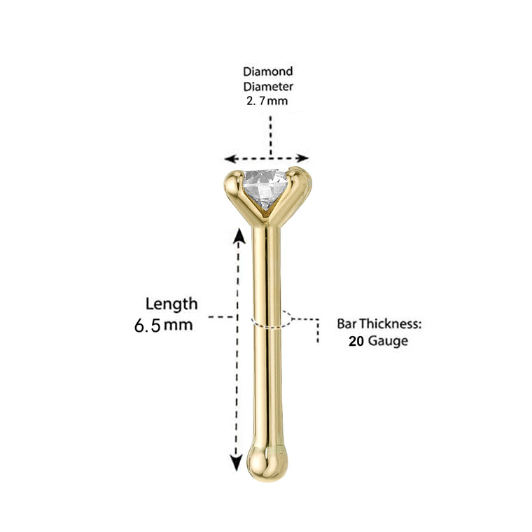 14K Gold Straight Bone Diamond Nose Stud - 22G