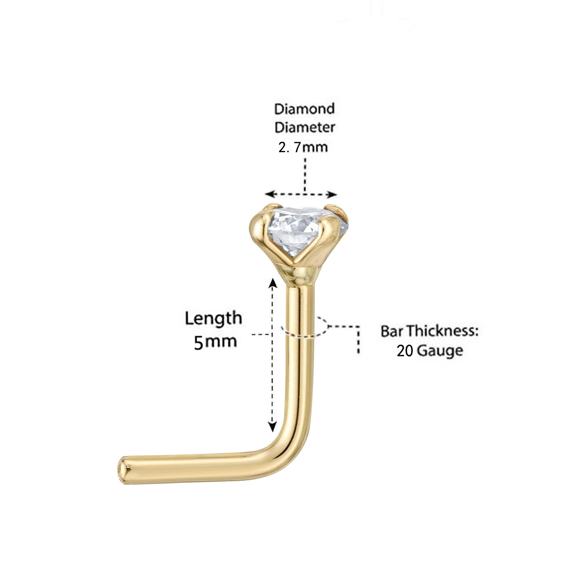 14K L-Shaped Diamond Nose Stud - 22G