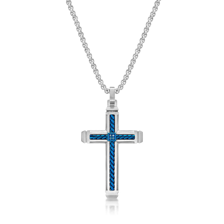Diamond Classic Cross Pendant in Blue Ion Plated Stainless Steel