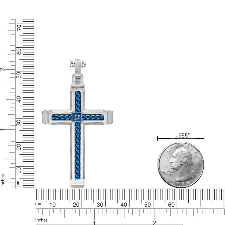Diamond Classic Cross Pendant in Blue Ion Plated Stainless Steel