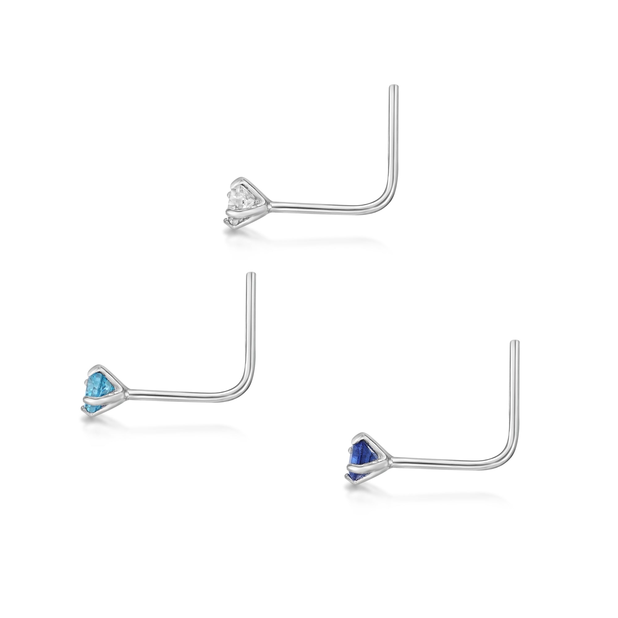 14K Gold L-Shaped Cubic Zirconia Nose Ring Set - 22G