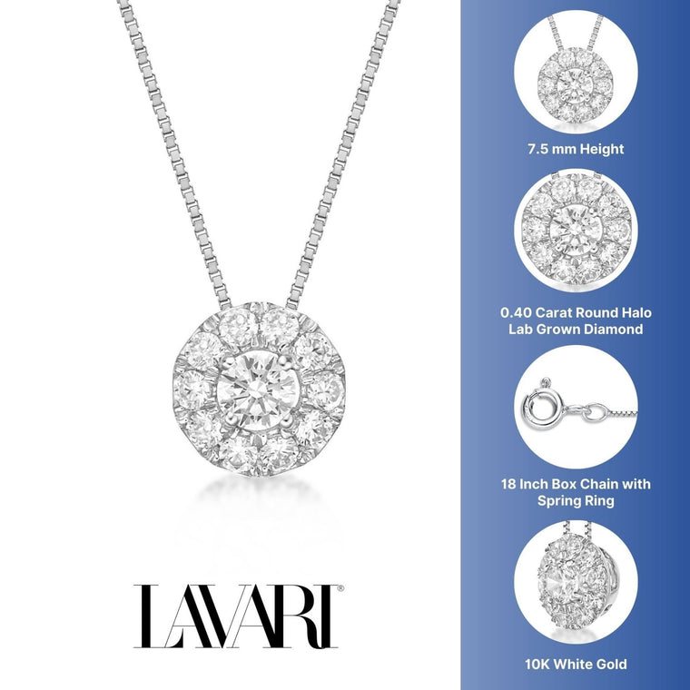 0.40 Carat Lab Grown Diamond Round Halo Pendant Necklace for Women in 10k White Gold on 18 Inch Chain (G-H, VS2-SI1) Spring Ring 