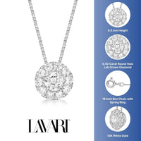 0.50 Carat Lab Grown Diamond Round Halo Pendant Necklace for Women in 10k White Gold on 18 Inch Chain (G-H, VS2-SI1) Spring Ring 
