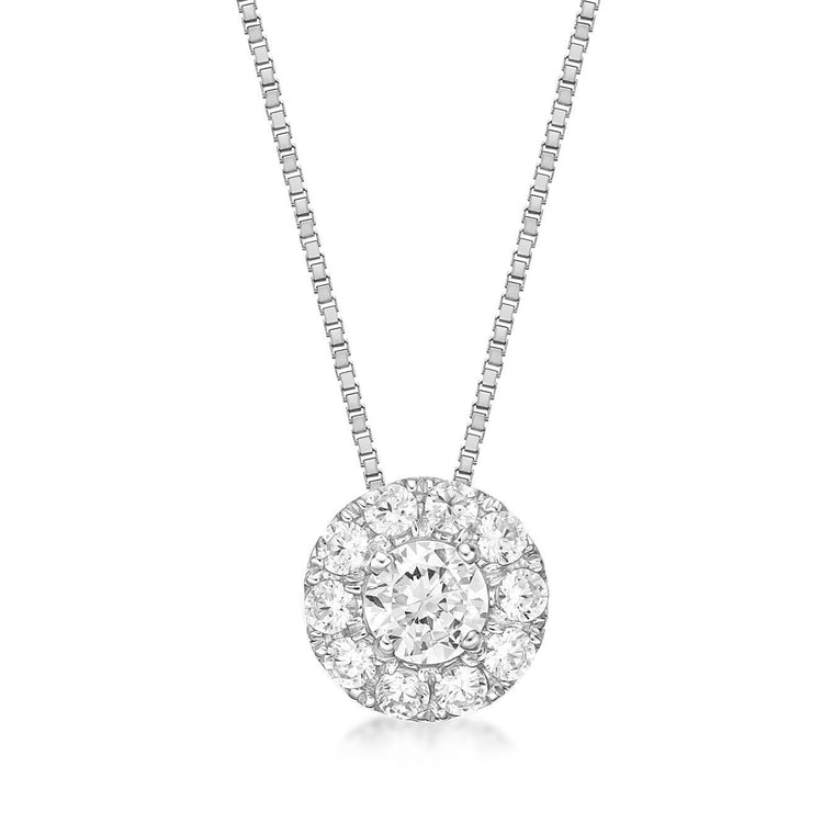 0.50 Carat Lab Grown Diamond Round Halo Pendant Necklace for Women in 10k White Gold on 18 Inch Chain (G-H, VS2-SI1) Spring Ring 