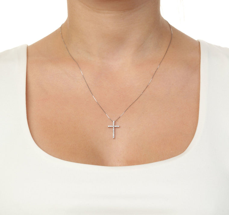 0.25 Carat Lab Grown Diamond Cross Pendant Necklace for Women in 10k White Gold on 18 Inch Chain (G-H, VS2-SI1) Spring Ring 