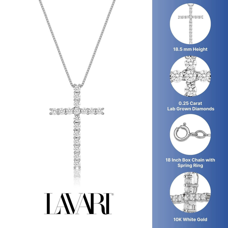 0.25 Carat Lab Grown Diamond Cross Pendant Necklace for Women in 10k White Gold on 18 Inch Chain (G-H, VS2-SI1) Spring Ring 