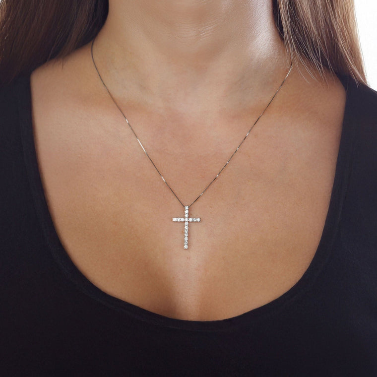 0.60 Carat Lab Grown Diamond Cross Pendant Necklace for Women in 10k White Gold on 18 Inch Chain (G-H, VS2-SI1) Spring Ring 