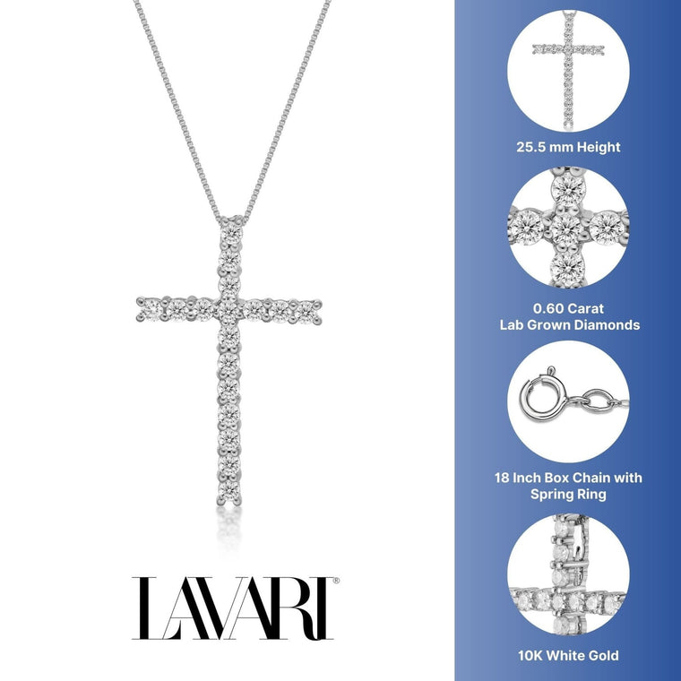 0.60 Carat Lab Grown Diamond Cross Pendant Necklace for Women in 10k White Gold on 18 Inch Chain (G-H, VS2-SI1) Spring Ring 