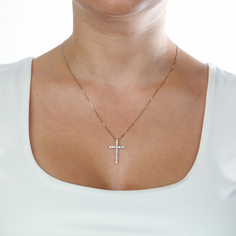 0.60 Carat Lab Grown Diamond Cross Pendant Necklace for Women in 10k White Gold on 18 Inch Chain (G-H, VS2-SI1) Spring Ring 