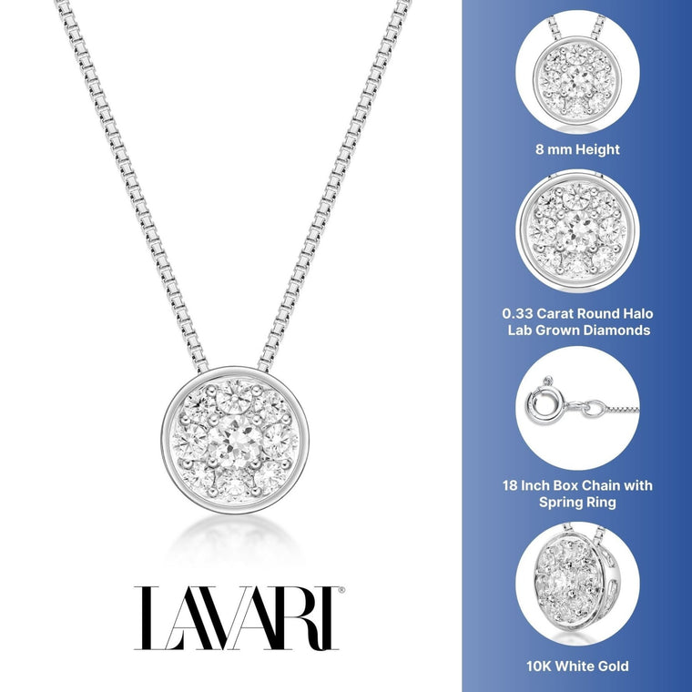 0.33 Carat Lab Grown Diamond Round Pendant Necklace for Women in 10k White Gold on 18 Inch Chain (G-H, VS2-SI1) Spring Ring 