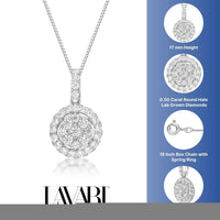 0.50 Carat Lab Grown Diamond Round Halo Pendant Necklace for Women in 10k White Gold on 18 Inch Chain (G-H, VS2-SI1) Spring Ring 
