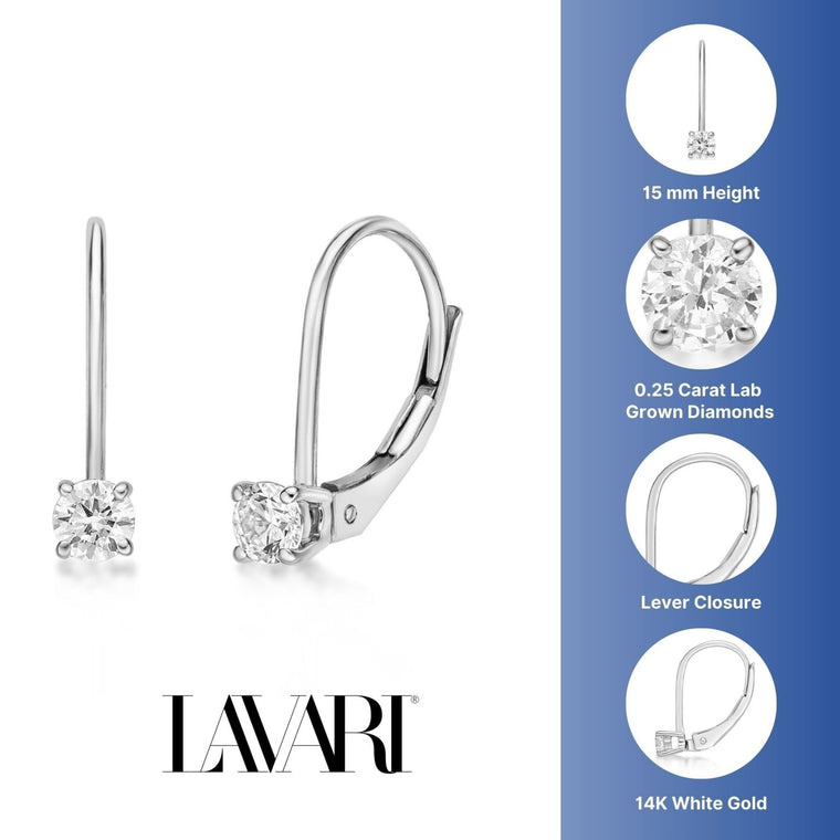 0.25 Carat Lab Grown Diamond Dangle Earrings for Women in 14k White Gold (G-H, VS2-SI1) Lever Back 