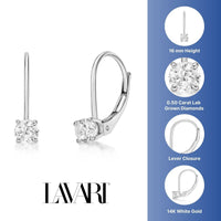 0.50 Carat Lab Grown Diamond Dangle Earrings for Women in 14k White Gold (G-H, VS2-SI1) Lever Back 