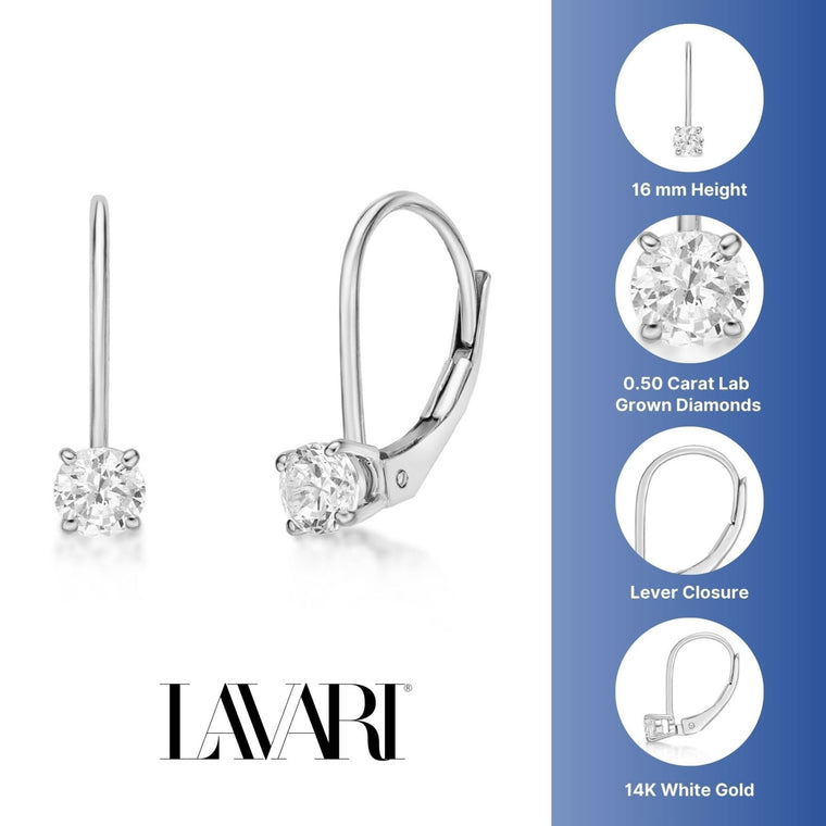0.50 Carat Lab Grown Diamond Dangle Earrings for Women in 14k White Gold (G-H, VS2-SI1) Lever Back 