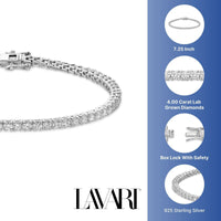 3.00 - 6.00 Carat Lab Grown Diamond Tennis Bracelet for Women in 925 Sterling Silver 7.25 Inch (G-H, VS2-SI1) Box with Tongue and Safety