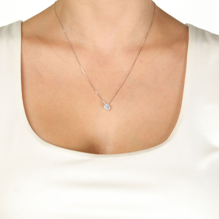 0.35 Carat Lab Grown Diamond Round Halo Pendant Necklace for Women in 14k White Gold on 18 Inch Chain (J-K, VS2-SI1) Spring Ring 