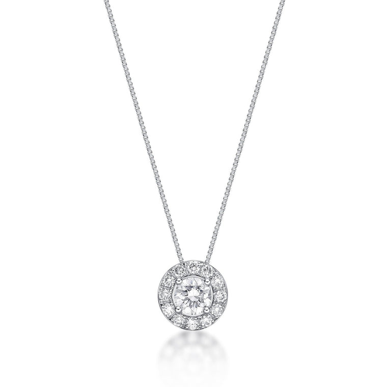0.35 Carat Lab Grown Diamond Round Halo Pendant Necklace for Women in 14k White Gold on 18 Inch Chain (J-K, VS2-SI1) Spring Ring 