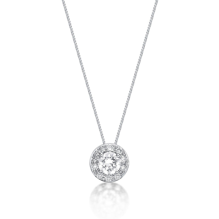0.50 Carat Lab Grown Diamond Round Halo Pendant Necklace for Women in 14k White Gold on 18 Inch Chain (G-H, SI1) Spring Ring 