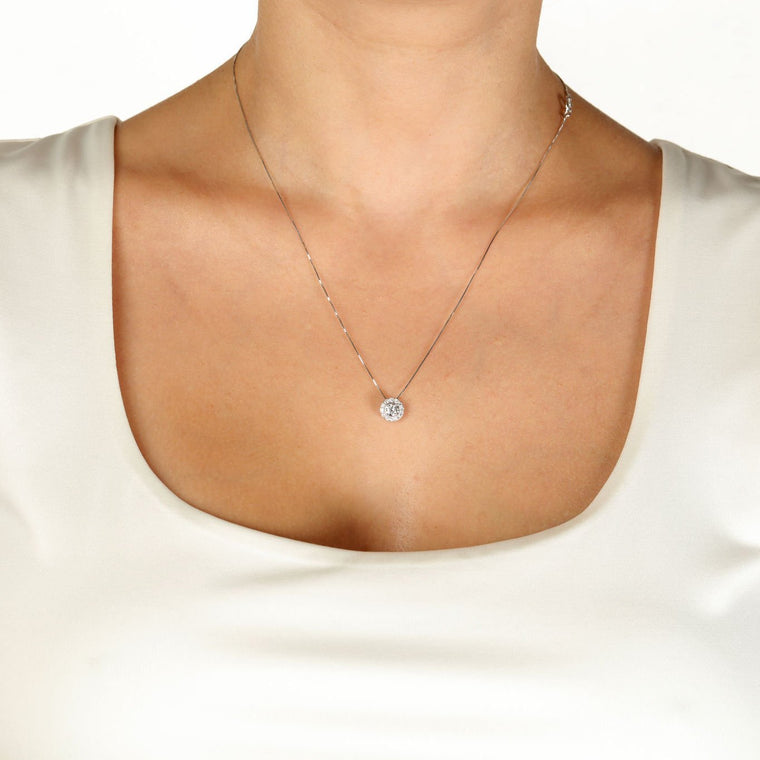 0.50 Carat Lab Grown Diamond Round Halo Pendant Necklace for Women in 14k White Gold on 18 Inch Chain (G-H, SI1) Spring Ring 