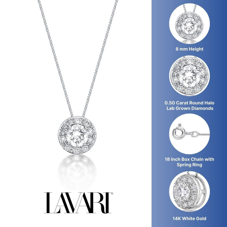 0.50 Carat Lab Grown Diamond Round Halo Pendant Necklace for Women in 14k White Gold on 18 Inch Chain (G-H, SI1) Spring Ring 