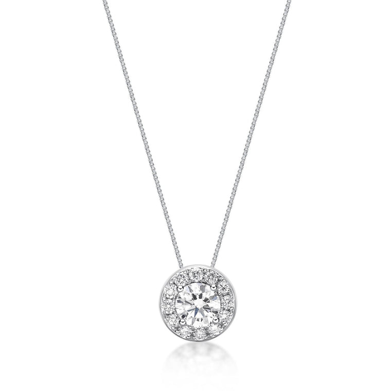 0.75 Carat Lab Grown Diamond Round Halo Pendant Necklace for Women in 14k White Gold on 18 Inch Chain (G-H, SI1) Spring Ring 