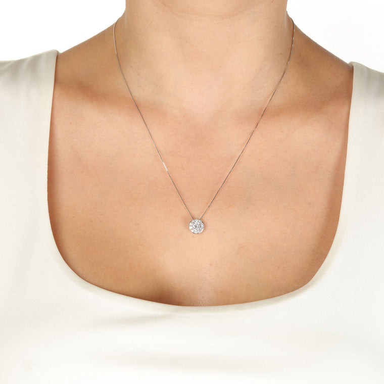 0.75 Carat Lab Grown Diamond Round Halo Pendant Necklace for Women in 14k White Gold on 18 Inch Chain (G-H, SI1) Spring Ring 