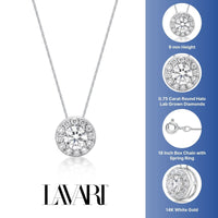 0.75 Carat Lab Grown Diamond Round Halo Pendant Necklace for Women in 14k White Gold on 18 Inch Chain (G-H, SI1) Spring Ring 